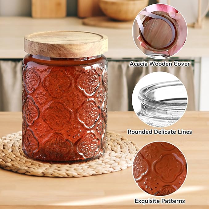 Vintage Glass Jar with Lid, Cookie Candy Jar Coffee Canister Food Storage Containers Set for Kitchen Office (Brown)