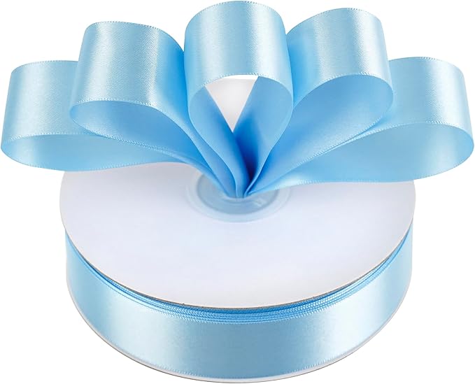 MEEDEE Blue Ribbon 1 Inch Light Blue Satin Ribbon Lux Double Faced Satin Ribbons by 50 Yards Polyester Blue Wrapping Ribbons for Crafts, Weddings, Flower Bouquet, Holiday Decorating
