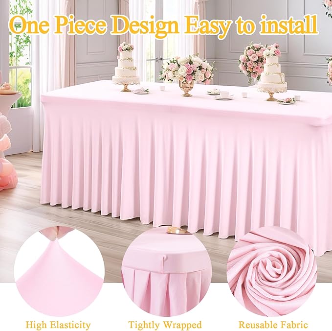 2 Packs Baby Pink Spandex Tableclothes for 6 Foot Rectangle Table, Spandex Table Covers 6FT Stretch Table Skirts Rectangle Tables Wrinkle Free Fitted Tablecover for Event, Wedding, Banquet & Parties