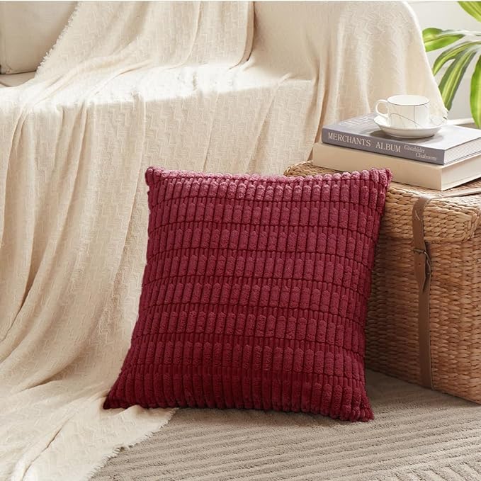 Fancy Homi 4 Packs Burgundy Decorative Throw Pillow Covers 22x22 Inch for Living Room Couch Bed, Holiday Christmas Home Decor Gift, Soft Plush Corduroy Cute Square Accent Cushion Case 55x55 cm