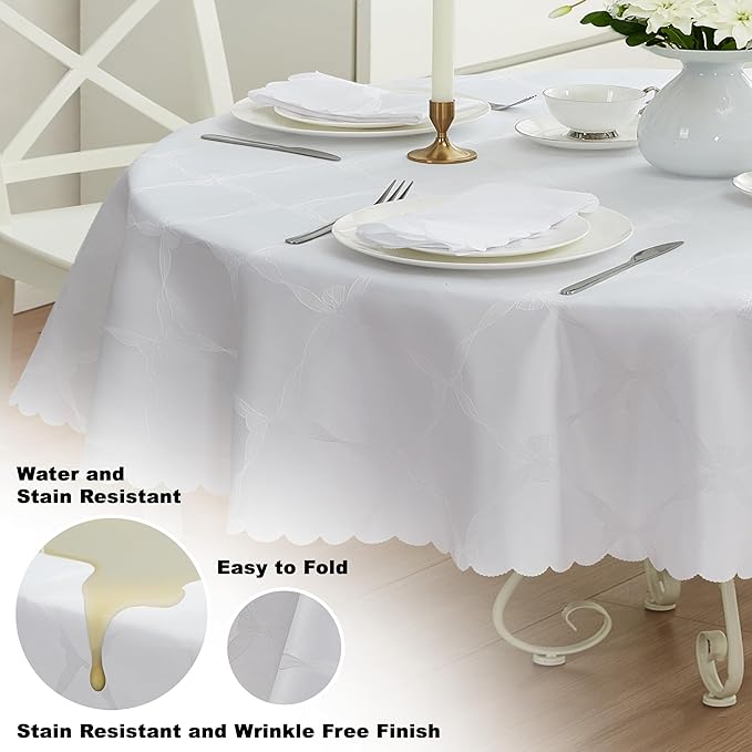 Newbridge Ribbons and Bows Damask Spring & Easter Holiday Fabric Tablecloth, White, 60 x 102 Inch Oval, Wrinkle & Stain Resistant Table Cover