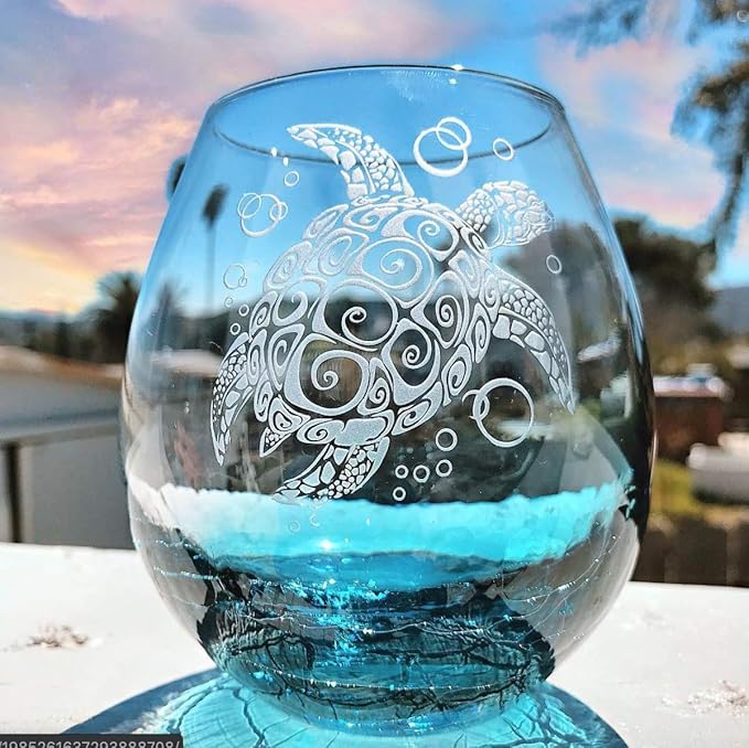 Integrity Bottles Tribal Sea Turtle Design Stemless Wine Glass, Handmade, Handblown, Hand Etched Gifts, Sand Carved, 18oz (Crackle Teal)