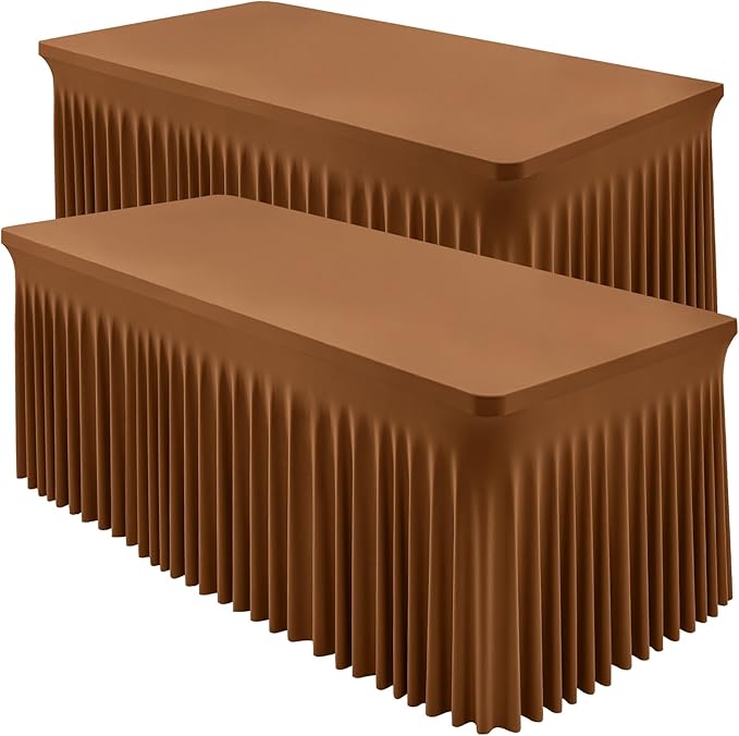 2 Packs Brown Spandex Tableclothes for 8 Foot Rectangle Table, Spandex Table Covers 8FT Stretch Table Skirts Wrinkle Free Fitted Table Cloth for Event, Wedding, Banquet & Parties