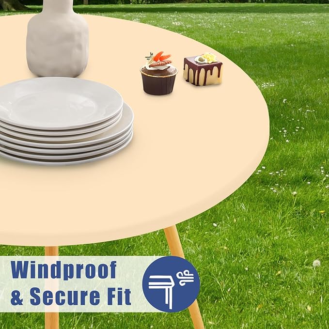 Round Spandex Tablecloth, Elastic Fitted Waterproof Tablecloths for 42"-50" Tables, Stretch Washable Picnic Table Cover for Camping, Dining, Indoor and Outdoor,Ivory
