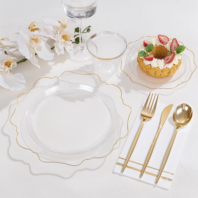 WDF 350Pcs Clear and Gold Plastic Plates - Heavy Duty Clear Plates Disposable - Gold Dinnerware Sets of 100 Plastic Plate 150Silverware 50 Cups 50 Napkins for Wedding/Party/Valentine's Day
