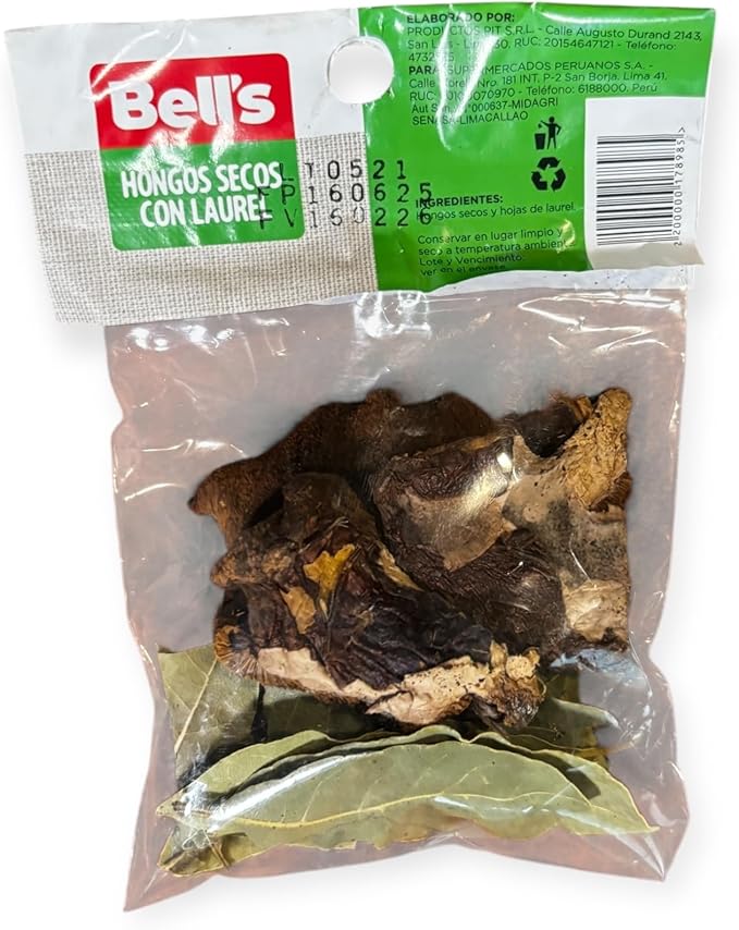 Peruvian Hongos Secos y Laurel, Dried mushrooms and bayleaf Peruvian seasoning, 20grs / 0.71 ounces, cocina peruana