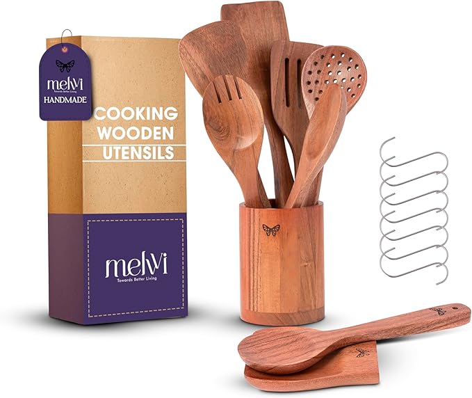 Wooden Kitchen Cooking Utensils Set | 9 Piece Spatula Set with Spoon Rest, Holder & 7 Hooks | Acacia Wood Non Toxic Serving Spoons | Christmas gifts