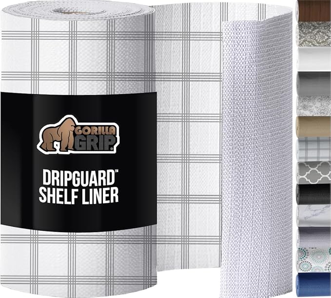 GORILLA GRIP DripGuard Shelf Liner, Non Adhesive Drawer and Kitchen Cabinet Protector, Slip Resistant BPA Free Smooth Surface Plastic Liners for Cabinets, Bathrooms, Closets, 12x120 Inch, White Stripe