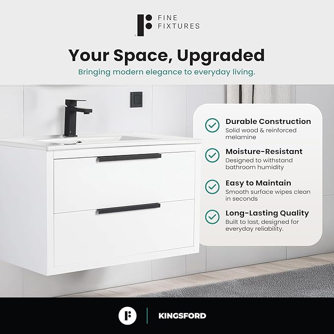 Fine Fixtures Kingsford Modern 30 Inch Bathroom Vanity with Sink, White Finish, Elegant Bathroom Vanities for Modern Homes, Stylish Storage Solutions for Bathrooms