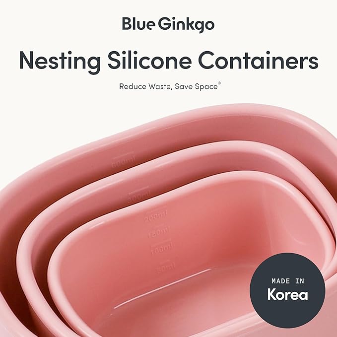 BLUE GINKGO Nesting Silicone Containers - Set of 3 Hard-Shell Silicone Food Storage Containers | BPA Free, Airtight, Dishwasher and Freezer Safe (6.7oz, 10oz, 20oz) - Pink