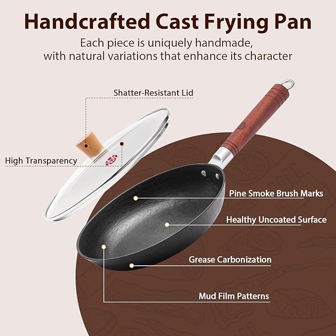 WANGYUANJI 10.2 Inch Cast Iron Skillet & Griddle Pan with Glass Lid, Deep Flat Bottom Frying Pan, Uncoated Small Pan for Eggs, Pancakes & Bacon, for Gas, Electric & Induction Cooktops