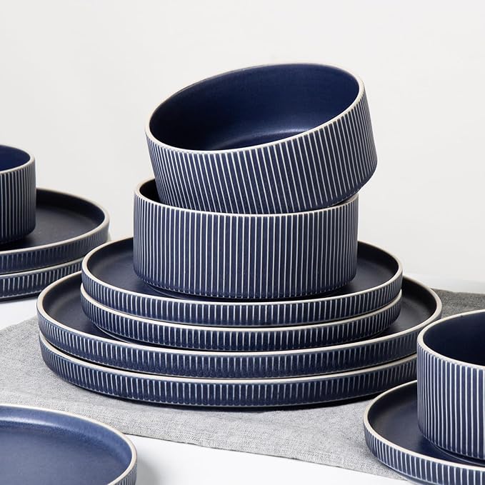 Dinnerware Set Service for 4, 12-Piece Ceramic Plates and Bowls Set, Chip & Scratch Resistant, Microwave and Dishwasher Safe, Modern Minimalist Tableware for Everyday Use, Matte Blue