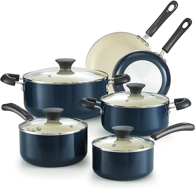 Cook N Home Pots and Pans Set Nonstick, 10-Piece Ceramic Kitchen Cookware Sets, Nonstick Cooking Set with Saucepans, Frying Pans, Dutch Oven Pot with Lids, Blue