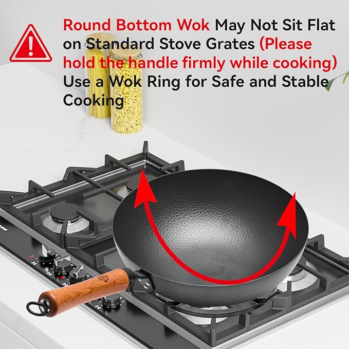 WANGYUANJI 11 Inch Round Bottom Iron Wok, Hand-Hammered Uncoated Wok with Wooden Handle, Traditional Stir-Fry Pan for Gas Stove or Wok Ring, Not for Flat Cooktops