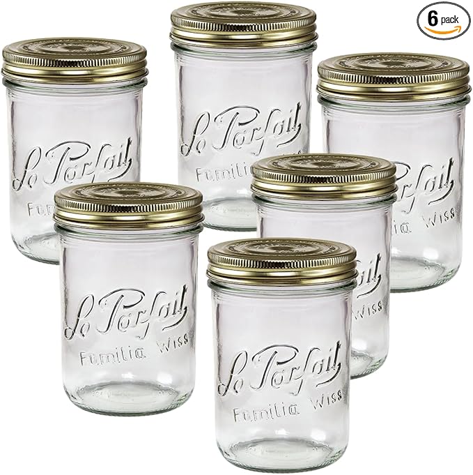 Le Parfait Familia Wiss Terrine Wide Mouth French Glass Jar w/Airtight 2-Piece System Gold Lids | Ideal for Food Storage, Canning, Meal Prep, Cake Jar & DIY Crafts | 24oz Pint/Half (Pack of 6) 750ml