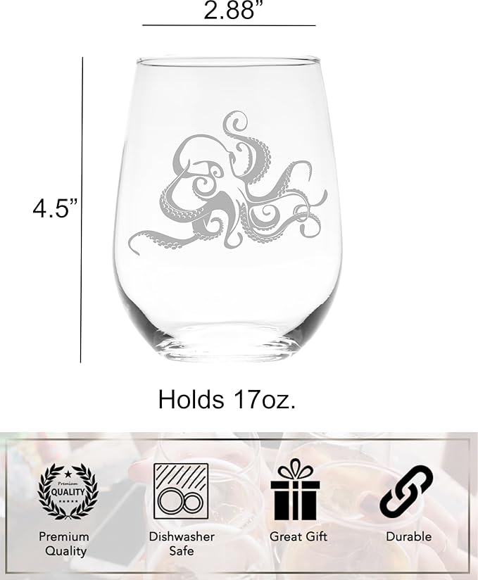 C M Octopus 17 oz Stemless Wine Glass - Octopus Themed Gift for Men and Women