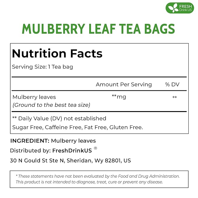 FreshDrinkUS, Premium 120 Mulberry Leaf Tea Bags, 100% Natural & Pure from Mulberry Leaves. Loose Leaf Herbal Tea. Made with Natural Material Tea Bags. No Sugar, No Caffeine, No Gluten, Vegan.