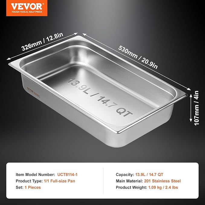 VEVOR Hotel Pan, Full Size Anti-Jam Steam Pans, 0.8mm Thick Stainless Steel 4-Inch Deep Commercial Table Pan, Catering Storage Food Pans, for Industrial & Scientific