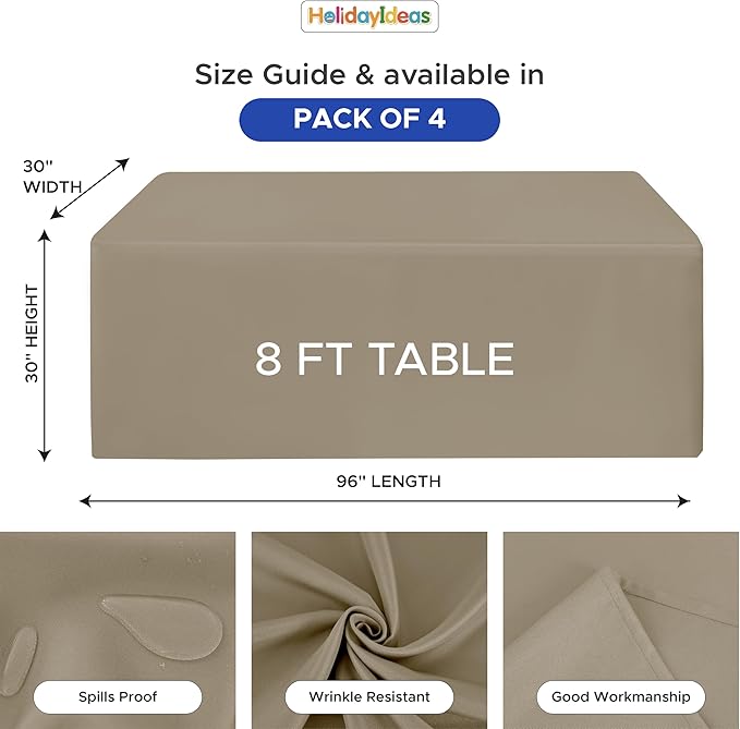 HolidayIdeas Fitted Tablecloths for 8 Foot Rectangle Table, Wrinkle Resistant Washable Table Cover 30x96 Inch for Vendor Booth Display, Banquet, Trade Show, Taupe, 4 Pcs