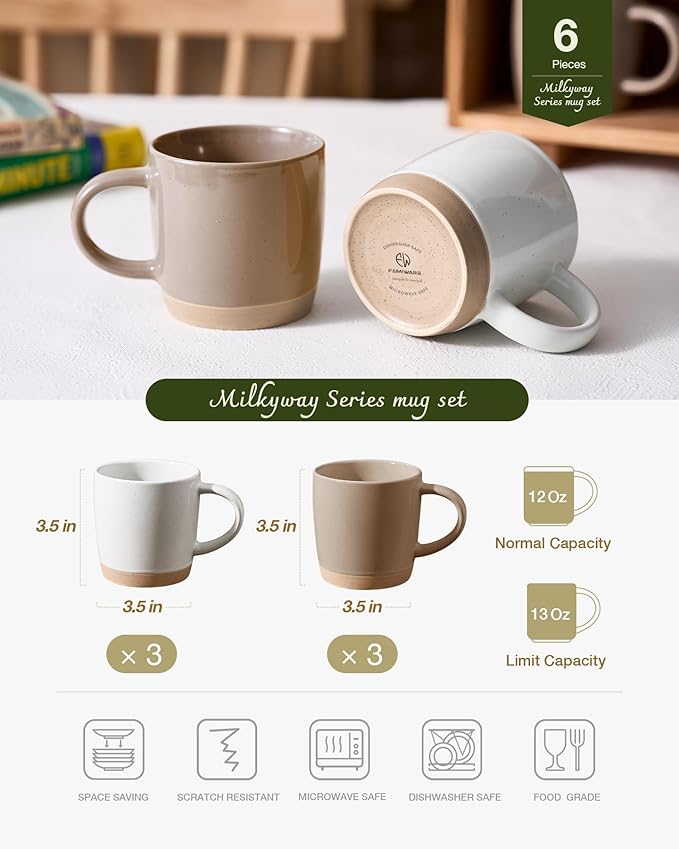 famiware Coffee Mugs for 6, 13 oz Mug Set, Dringking Cup with Handle for Coffee, Tea, Cocoa, Milk, Milkyway serise, White+Cinnamon Brown