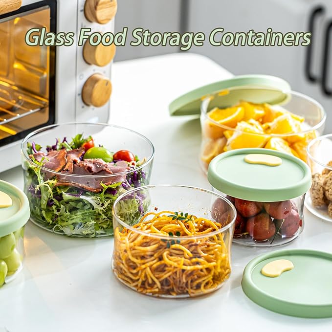 Glass Food Storage Containers with Lids, Leak-Proof BPA Free Round Glass Containers with Lids for Storage soups and leftovers - Microwave, Dishwasher, Freezer Safe (Green 3PCS)