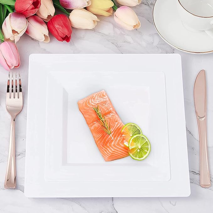 Disposable Square Plastic Plates - 100 Pack - 50 x 9.5 Dinner and 50 x 6.5 Salad Combo Plate - Premium Heavy Duty - Fancy and perfect for a Party, Wedding, or Birthday