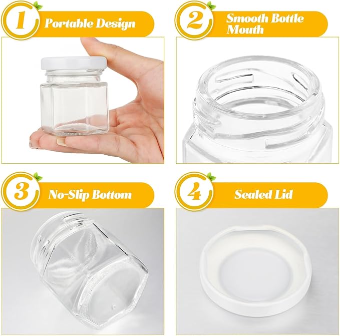 Nuogo 100 Pack 1.5oz Mini Hexagon Glass Jars Bulk for Wedding Small Honey Jars with Lids for Spice Canning Mason Gifts Candy Honey Wedding Party Favors DIY Crafts (White)