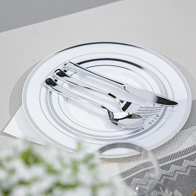N9R 600PCS Silver Disposable Plastic Plates, Silver Plastic Dinnerware Set Includes 100 Dinner Plates, Dessert Plate, Cups, Spoons, Forks, Knives for 100 Guests, Perfect for Party, Wedding, Birthday