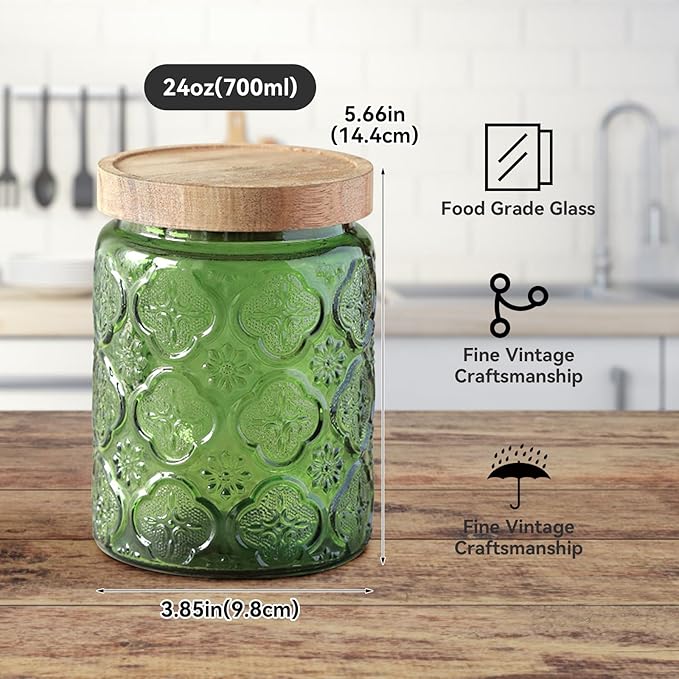 Vintage Glass Jar with Lid, Cookie Candy Jar Coffee Canister Food Storage Containers Set for Kitchen Office (Green Birchapple Flowers - Acacia)