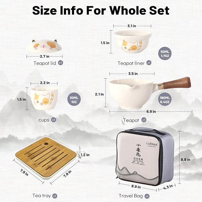 LURRIER Porcelain Chinese Gongfu Tea Set,Portable Teapot Set with 360 Rotation Tea maker and Infuser,Portable All in One Gift Bag for Travel,Home,Gifting,Outdoor and Office (Kitty Cat)