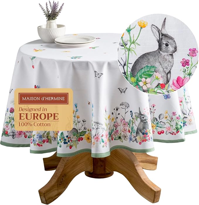 Maison d' Hermine Table Cloth Round Table 100% Cotton 63 Round Inches Tablecloth Reusable Decorative for Dining Room Farmhouse Home Valentines Day Decorations Spring Summer - Printemps