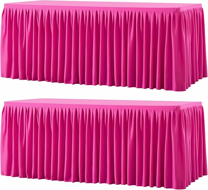 Wish Care 2 Pack Hot Pink Rectangle Table Clothes for 4 Foot Tables, Polyester Fitted Tablecloths 4ft Stretch Table Cover for Wedding, Birthday, Parties, Trade Show, Craft Show