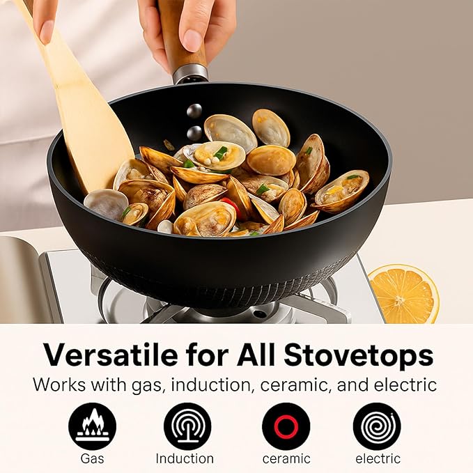 Carbon Steel Wok Pan, Fish Scale Pattern Flat Bottom Stir Fry Pan (Seasonable Nonstick, Induction & Gas Compatible) – High-Wall Handmade Pan, Sizes 20/22/24/28cm, Optional Glass Lid (26cm)