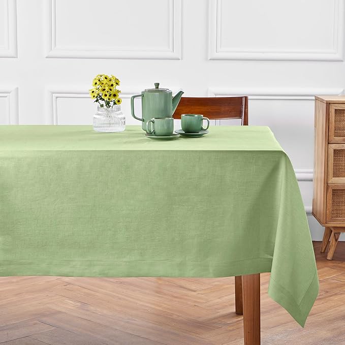 Solino Home Linen Tablecloth 60 x 108 Inch - 100% Pure Linen Laurel Green Table Cloth for Rectangle Tables - Fete, Machine Washable Tablecloth for Spring, St Patricks Day, Easter