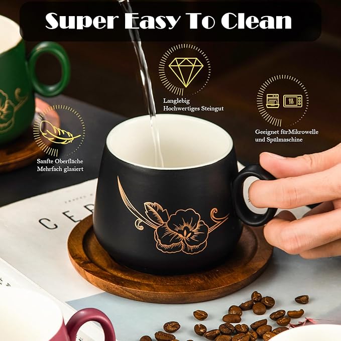 Yundu 10oz Cappuccino Cups & Wooden Saucers Set with Gold Floral Art, Latte Art Cup for Espresso, Coffee & Tea, Modern Matte Ceramic Tea Cup Set of 4