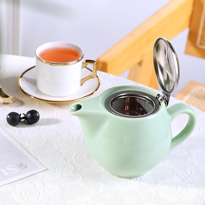 Small Ceramic Teapot With Stainless Steel Infuser, Heat Resistant, Perfect Tea Maker, Light Green 350ml/12.0oz