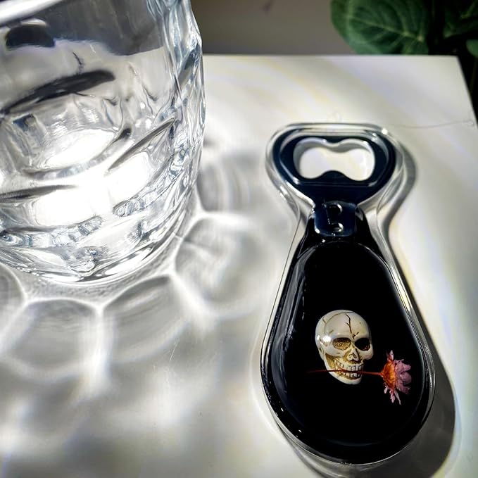 Magnetic Bottle Opener – Original Design Skull Biting Rose (Starflower) in Black Resin – Strong Magnet for Fridge – Lightweight Gift for Goth Decor & Bartenders – Black, 1 PCS