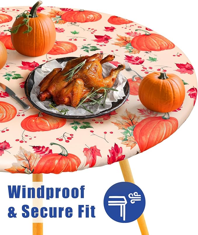 Round Spandex Thanksgiving Tablecloth, Elastic Fitted Waterproof Tablecloths for 57"-68" Tables, Stretch Washable Picnic Table Cover for Autumn Harvest Partiesr, Pumpkin Leaf