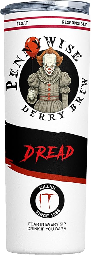 Pennywise Clown Tumbler, Hard Seltzer Horror IT Movie Merchandise, Scary Fan Collectible Birthday Gift, Travel Coffee Tea Drinkware, Insulated Tumbler with Lid and Straw (20 Oz)