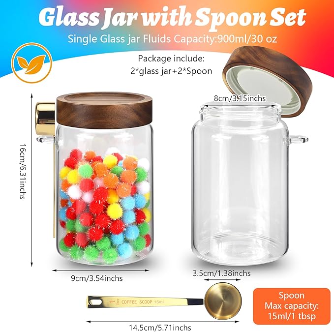 30oz Airtight Glass Jar with Metal Spoon Lid Round Coffee Grounds Container Sugar Storage Jar for Spice Rice Tea Pantry Herb Kitchen Seasoning Bath Salts Nuts Cookies (900ml/30oz-2pack(with spoon))