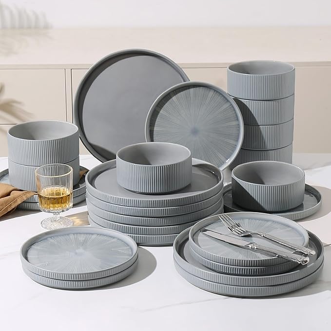 Dinnerware Sets for 8, Ceramic Plates and Bowls Set 24 Piece Dinnerware Chip Resistant Stoneware, Dishwasher and Microwave Safe-Blue