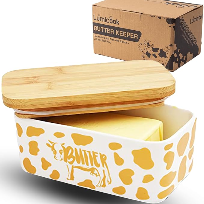 Butter Dish with Lid, Farmhouse Cow Butter Dish, Covered Butter Holder, Two Sticks of Butter, Large Covered Tray with Bamboo Lid (Gold)