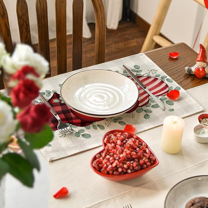 Artoid Mode Buffalo Plaid Eucalyptus Hearts Valentine Placemats Set of 6, 12x18 Inch Wedding Holiday Table Mats for Party Kitchen Dining Decoration