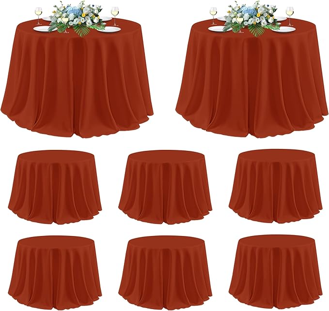 sancua Thanksgiving Round Tablecloth 120 Inch Diameter, 8 Pack Rust Circle Polyester Fabric Fall Table Cloth for Holiday Party Reception Washable Burnt Orange Table Cover (Fit 48-96 Inch Tables)