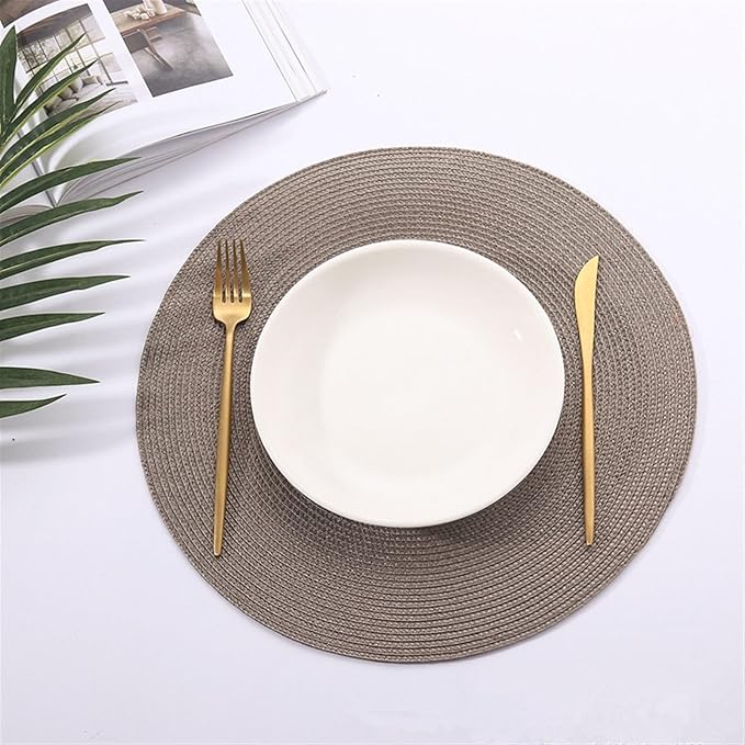 Table Mat Round Woven Placemats PP Waterproof Dining Non-Slip Napkin Disc Bowl Pads Drink Cup Coasters Kitchen Decoration(Coffee Colour)