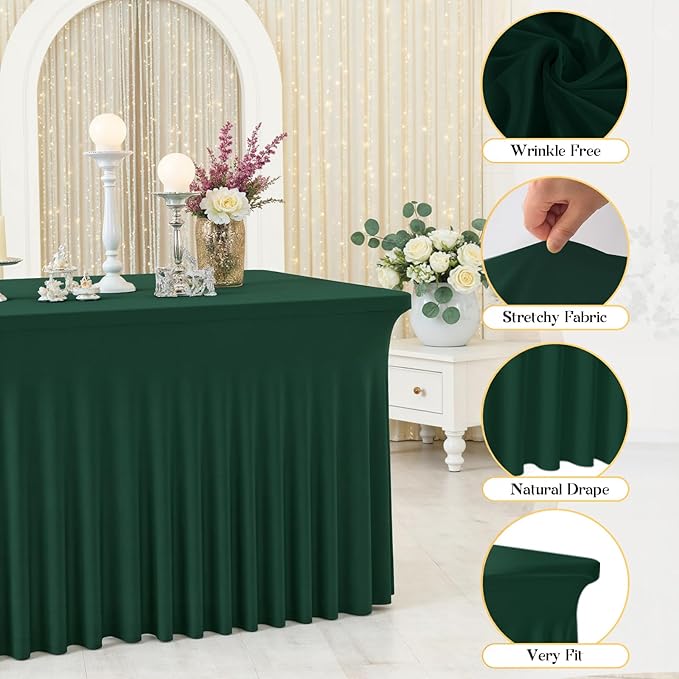 2 Pack Dark Green 6FT Rectangle Spandex Tablecloths, Stretch Fitted Table Covers for 6 Foot Tables, Wrinkle Free Table Clothes for Christmas Party Holiday Wedding Banquet Dinner Decoration