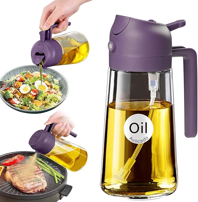 YARRAMATE 16oz/470ml Glass Olive Oil Sprayer for Cooking with Stickers, 2 in 1 Oil Dispenser for Kitchen Gadgets, Food Grade Premium Spray Bottle with Portion Control for Salad, BBQ (Purple)