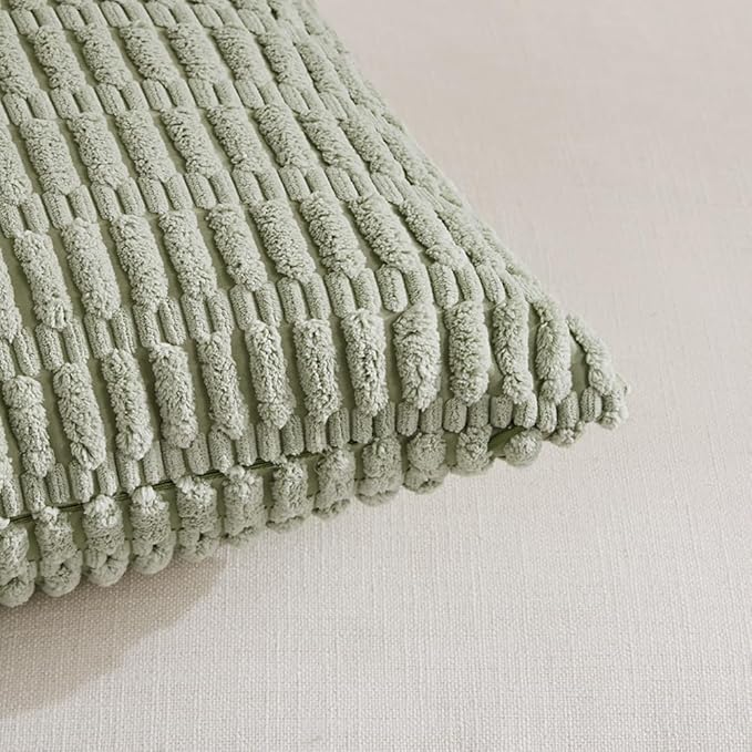Fancy Homi 4 Packs Sage Green Decorative Throw Pillow Covers 14x14 Inch for Living Room Couch Bed Sofa, Rustic Farmhouse Boho Home Decor Soft Plush Striped Corduroy Square Cushion Case 35x35 cm