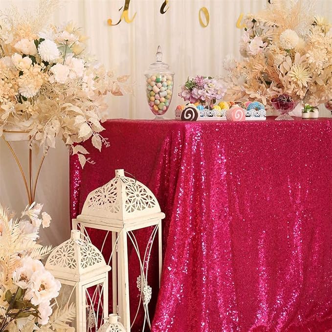 Eternal Beauty Hot Pink Tablecloth, 60x120 Inch Sequin Rectangle Table Cover for Valentines Cake Dessert Exhibition Party Birthday Events