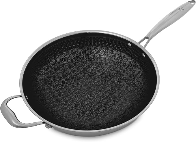 Hell's Kitchen Hybrid 12” Wok Pan, Tri-Clad Stainless Steel and Nonstick Ceramic, PFAS Free, no PFOA, no PTFE, no Teflon, Non Toxic Cookware, Metal Utensil Safe, All Cooktops and Oven Safe (Wok + Lid)